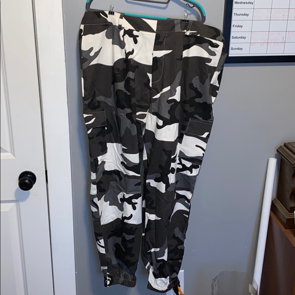 Black and white camo pants with cargo pockets